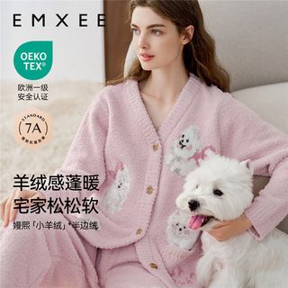 嫚熙半边绒月子服秋冬季哺乳睡衣可调节腰带小羊绒小熊家居服