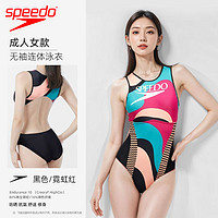 SPEEDO 三角连体泳衣女蒸汽复古风防晒抗氯修身显瘦性感露背几何印花泳装 黑色/桔色