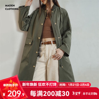 马登 MADEN女装 复古橄榄绿长款风衣秋军事风大衣宽松百搭翻盖口袋工装外套 橄榄绿 S