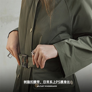 马登 MADEN女装 复古橄榄绿长款风衣秋军事风大衣宽松百搭翻盖口袋工装外套 橄榄绿 S