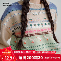 马登 MADEN女装 复古费尔岛小动物提花毛衣秋冬慵懒风套头圆领内搭针织衫 卡其色 M