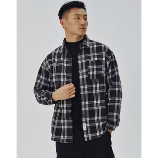 梵意凯美式复古黑灰色格子衬衫男春秋痞帅长袖潮牌上衣日系休闲衬衣外套 黑色 L