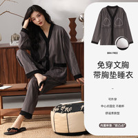 洁丽雅【100%纯棉一等品】女士睡衣女开衫长袖长裤带胸垫可外穿家居服女 【100%棉】深夜电台 412285 XL (建议120-140斤)