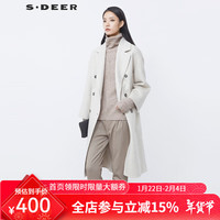 S.DEER圣迪奥女装西装领收腰双排扣毛呢长款大衣S21481841 浅红棕/49 L/170