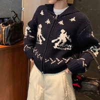 唐狮秋冬女翻领复古图案拉链开衫休闲慵懒风百搭时尚chic