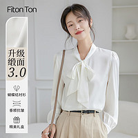 FitonTon长袖衬衫女春秋款蝴蝶结系带设计感职业气质衬衣缎面上衣白色 M M（100-115斤）