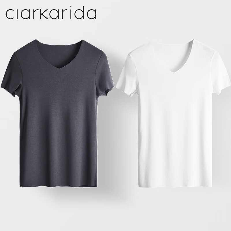 Clarkarida男士短袖T恤男60S莫代尔无痕V领打底衫纯色汗衫运动白色健身上衣