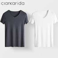 Clarkarida男士短袖T恤男60S莫代尔无痕V领打底衫纯色汗衫运动白色健身上衣