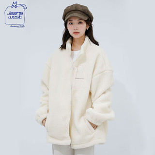 JEANSWEST CLUB真维斯摇粒绒外套女棉袄秋冬季防风保暖2024开衫加厚抓绒上衣 米色-小点亮未来_K