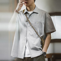 马登 MADEN工装 美式休闲细条纹短袖衬衫肌理感泡泡纱免烫抗皱半袖衬衣男夏 灰色 M