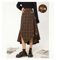 B.Duck小黄鸭不规则格纹拼接呢子半身裙2024秋冬复古中长款裙