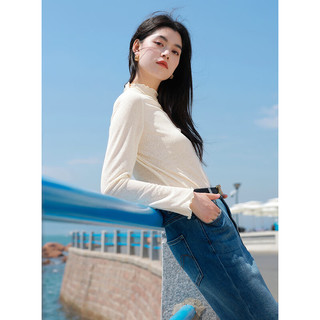 三彩大码女装2024冬季浪漫立领蕾丝衫套头打底衫长袖显瘦胖MM 奶白色 S