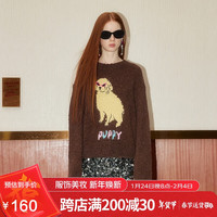 GREEN BELT毛衣女春秋款百搭小狗撞色刺绣软糯圆领慵懒含羊毛针织衫 深棕色【含羊毛微扎，介意慎拍】 M