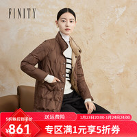 菲妮迪（FINITY）冬季羽绒服白鹅绒保暖简约立领中长款外套女 深咖啡