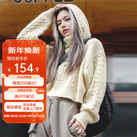 马登 MADEN女装 美式复古连帽毛衣秋冬外穿短款设计感堆堆帽针织衫女 米色 M