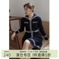 独束大码女装减龄海军领撞色连衣裙年冬季胖MM显瘦针织裙