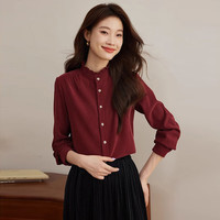 AEMAPE法式宫廷风磨毛衬衫女秋冬立领木耳边设计感衬衣内搭长袖气质上衣 酒红色 M