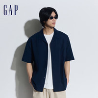 GAP男装2024夏季新款棉质翻领短袖衬衫简约通勤基础款上衣891053