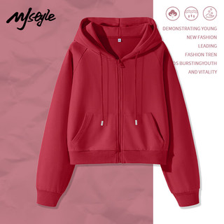 MJ STYLE插肩袖红色过年衣服女2025春季宽松短款小个子连帽外套开衫 车厘子红/纯色