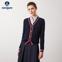 Navigare意大利小帆船女士全羊毛针织开衫V领毛衣外套2334094510 蓝 M