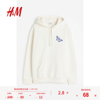 H&M 男装女装卫衣秋季混纺美式休闲潮流图案连帽套头衫1019679 白色/蝴蝶 175/108