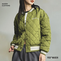马登 MADEN美式衔缝棉服外套秋冬女撞色贴布绣菱格棒球服棉袄加厚夹克棉衣