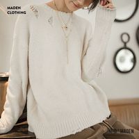 马登 MADEN女装 破坏感单边绒毛衣冬慵懒风软糯保暖套头针织衫休闲内搭上衣 米杏色 M