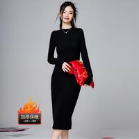 双面磨绒设计感修身连衣裙冬季款半高领纯色包臀长裙