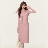 甜美少女风长款连衣裙女春季假两件连帽修身毛绒绒长裙