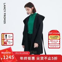 朗姿纯羊毛连帽双面呢时尚流行高级感大衣女冬季毛呢外套 黑色 160/80A/M
