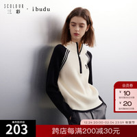 三彩2024冬季拉链半高领针织衫毛衣撞色插肩袖休闲女 黑米色 155/80A/S