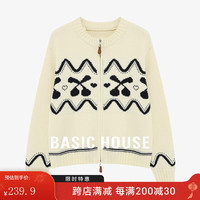 Basic House/百家好新年慵懒风撞色双拉链毛衣开衫小个子秋冬针织外套 白色 M