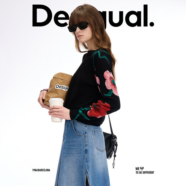 限尺码：Desigual 宽松印花拼接圆领长袖女式针织衫