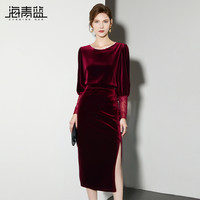 海青蓝 CYANINE SEA 高级感丝绒连衣裙女新款2024秋季优雅法式洋气宴会小礼服裙
