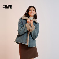 森马 Semir牛仔棉服女加绒外套深秋加厚女装2024冬毛领夹棉夹克棉袄