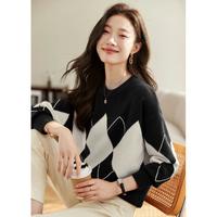 新年红色毛衣女冬气质圆领拼色菱格长袖针织衫打底内搭毛线衣上衣