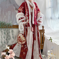 艾方鸟汉服成人女冬季套装宋制古装古风中式冬季加厚加绒外套拜年服全套 红色5件套 L 120-140斤