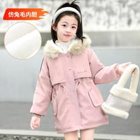 女童连帽加厚派克服外套洋气卡通中长款风衣百搭外套拜年服