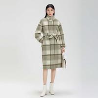时尚立领格纹收腰长款毛呢大衣