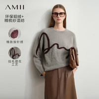 AMII2024冬休闲圆领字母提花刺绣仿貂绒毛衣女宽松落肩袖上衣 浅灰 160/84A/M