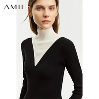 AMII2024冬简洁通勤半高领撞色拼接假两件毛衣女修身显瘦上衣 黑色 170/92A/XL