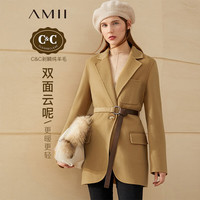 AMII极简法式通勤纯羊毛双面呢女冬宽松配腰带西装云呢 驼色 160/84A/M