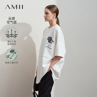 AMII2025春极简宽松中长弹力空气层套头落肩短袖印花T恤女 米白 L