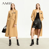 AMII2023冬翻驳领配腰带开叉外套女垫肩布标装饰长款西装12444257 浅咖 165/88A/L