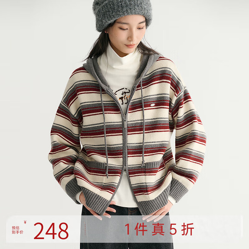 飞鸟和新酒2024冬条纹撞色带帽毛衣外套时尚休闲外套上衣女 条纹HNF01