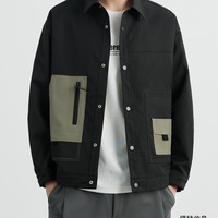 WOOG2005 抗皱斜纹男士黑色翻领夹克2025春秋季潮流微宽松拼接工装休闲外套