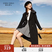 秋水伊人通勤羊毛呢大衣2022冬装女装收腰显瘦双排扣长款外套 黑色  S