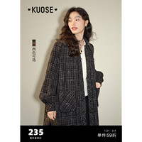 阔色（kuose）黑色格子粗花呢衬衫外套女2024秋冬复古棕色翻领衬衣上衣 黑色 L