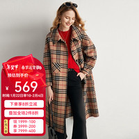 帕罗（PALUOPO） 100%绵羊毛毛呢大衣双面尼女士格纹直筒显瘦气质英伦风大衣外套 卡其 M