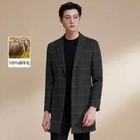 【100%绵羊毛 柔软保暖】冬季男士休闲格纹中长款大衣外套